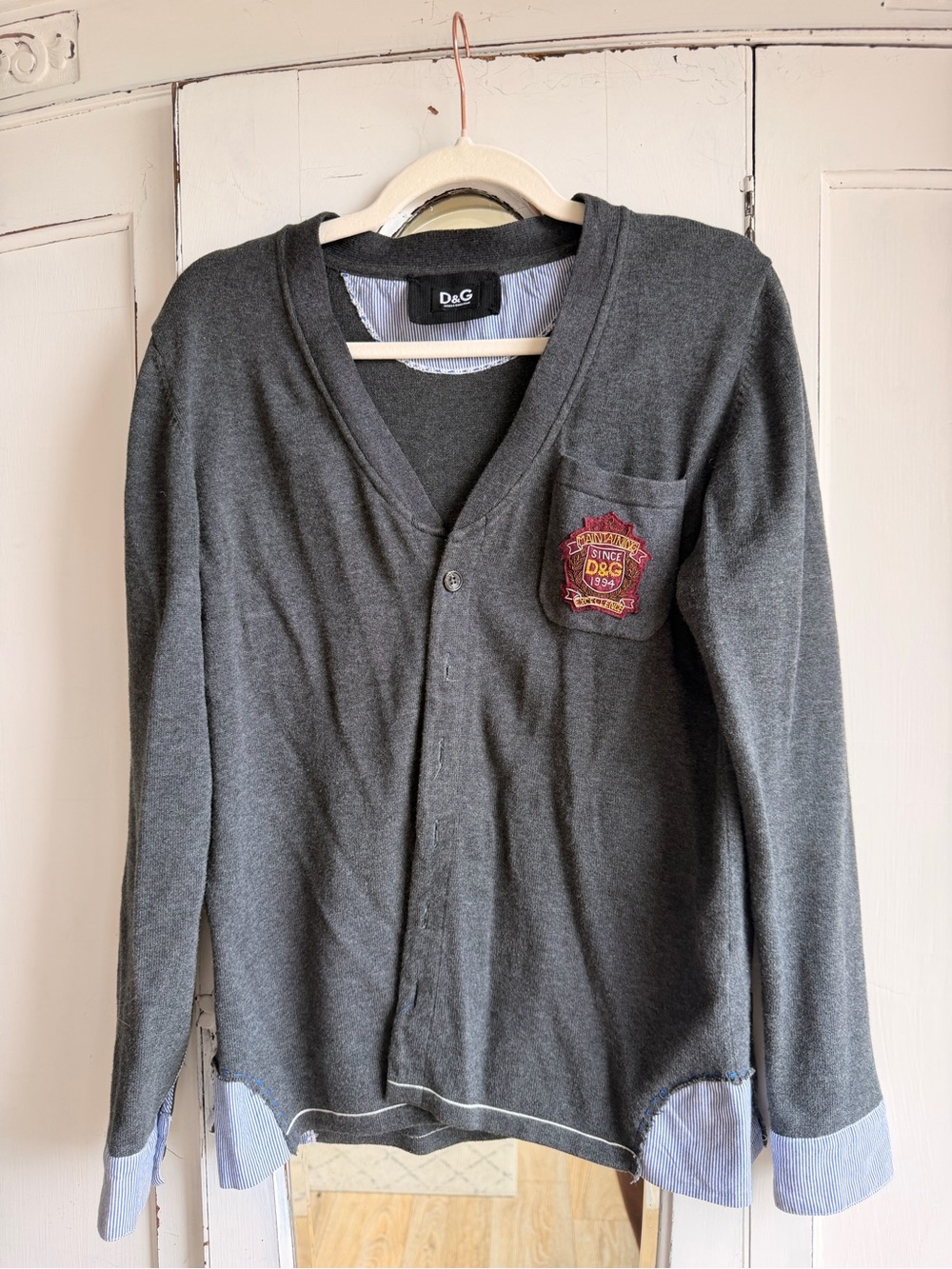 Dolce & Gabbana Charcoal Gray Cardigan with Crest Patch